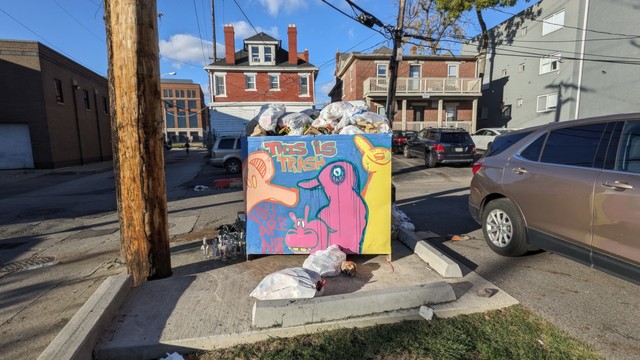 A dumpster sits by an electric pole at the crossing of two alleys in a city. The sun shines on the front side of the dumpster which has been completely painted by a street artist. On a blue background are four colorful, stylized, childlike drawings of animals: an orange elephant, a pink hippo, a pink duck, and a yellow bear. The words written in the space between the animals are: "This is trash. You are not." The dumpster is overflowing with trash bags. They can be seen piled higher than the to…