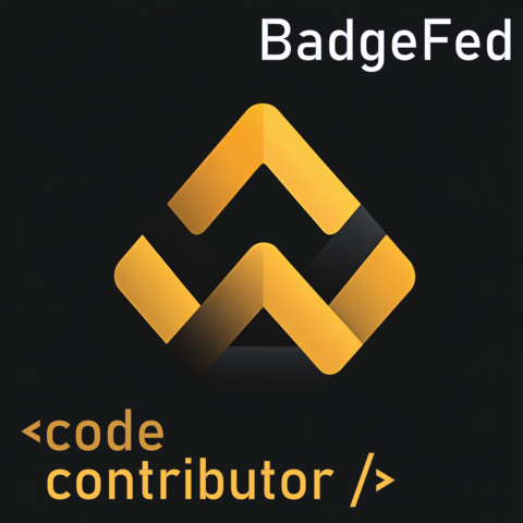 The BadgeFed logo, two interlocking chevrons in golden yellow and dark gray. Below it, text reads "code contributor".Text at the top right reads "BadgeFed."